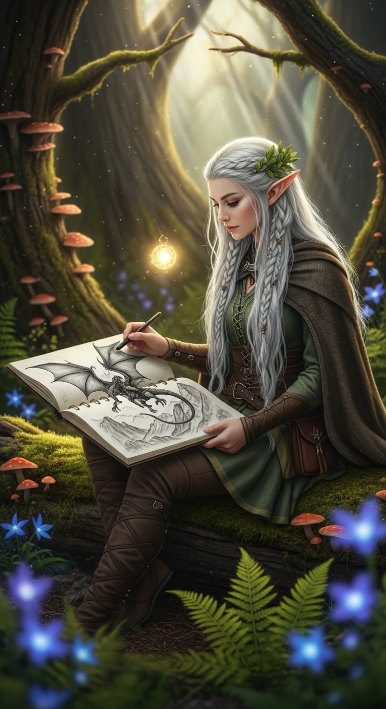 Elf standing among tall trees in a misty forest with shafts of light
