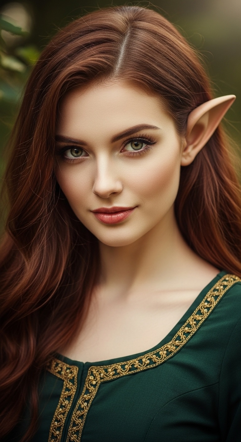 Hyper-realistic portrait of an elf woman with pointed ears and silver hair, soft studio light