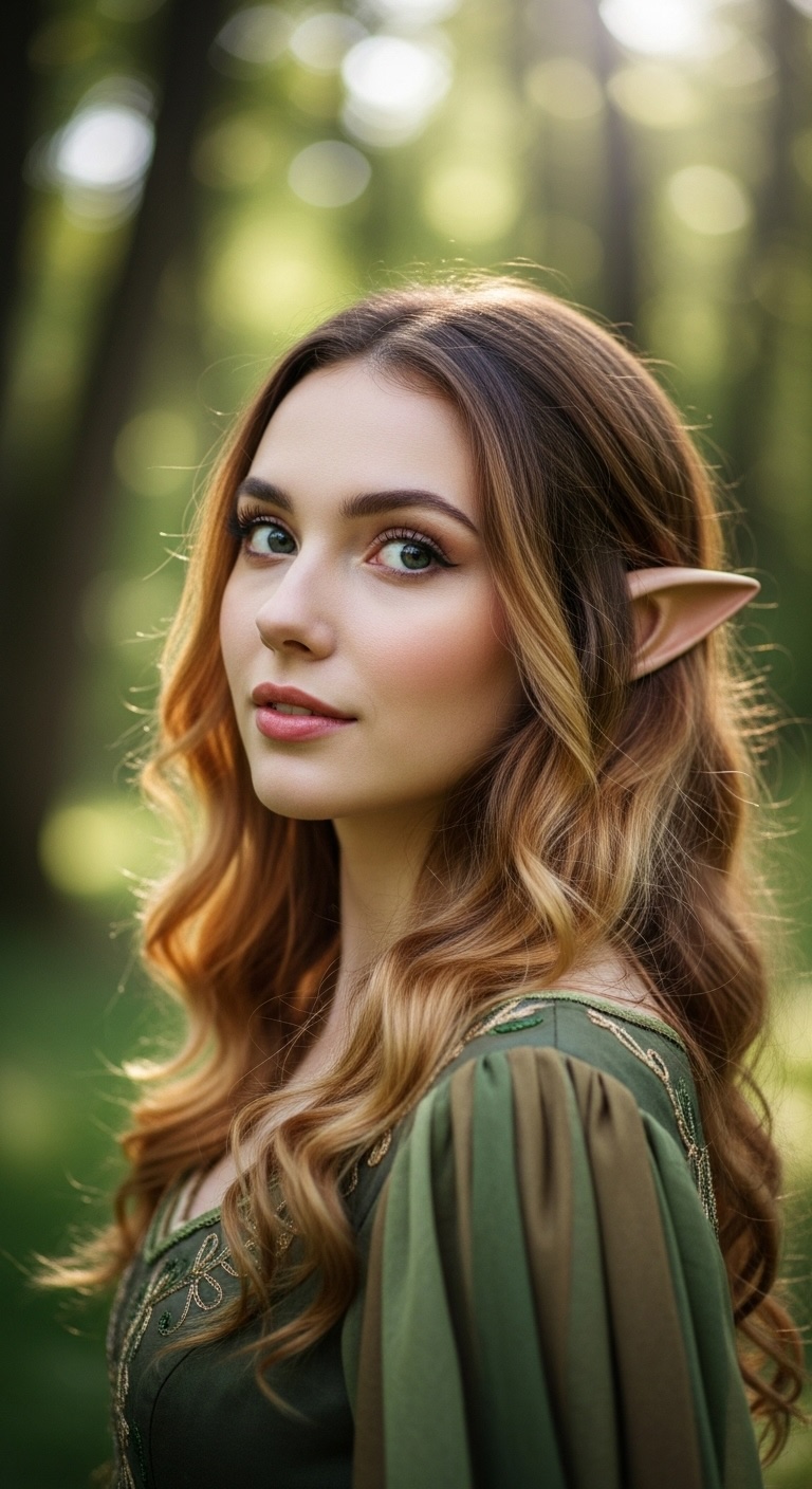 Close-up portrait of an elf woman with freckles and green eyes, shot like editorial photography