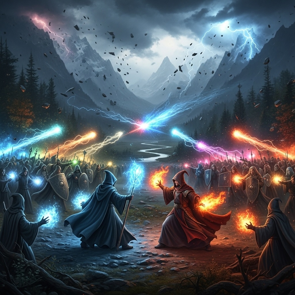 Two mages hurling fire and lightning at each other in a ruined hall