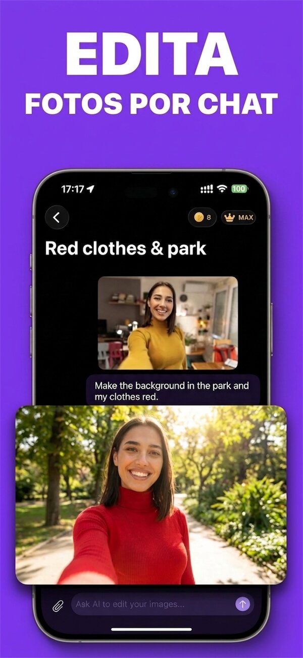 PictorAI en el iPhone: en el chat se pide llevar la foto a un parque y poner la ropa de rojo, y llega la foto editada