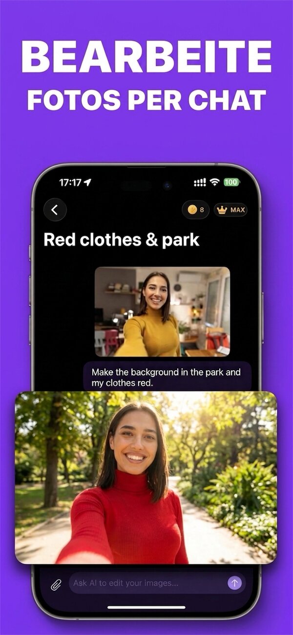 PictorAI auf dem iPhone: Im Chat wird darum gebeten, das Foto in einen Park zu versetzen und die Kleidung rot zu färben – das bearbeitete Foto kommt zurück