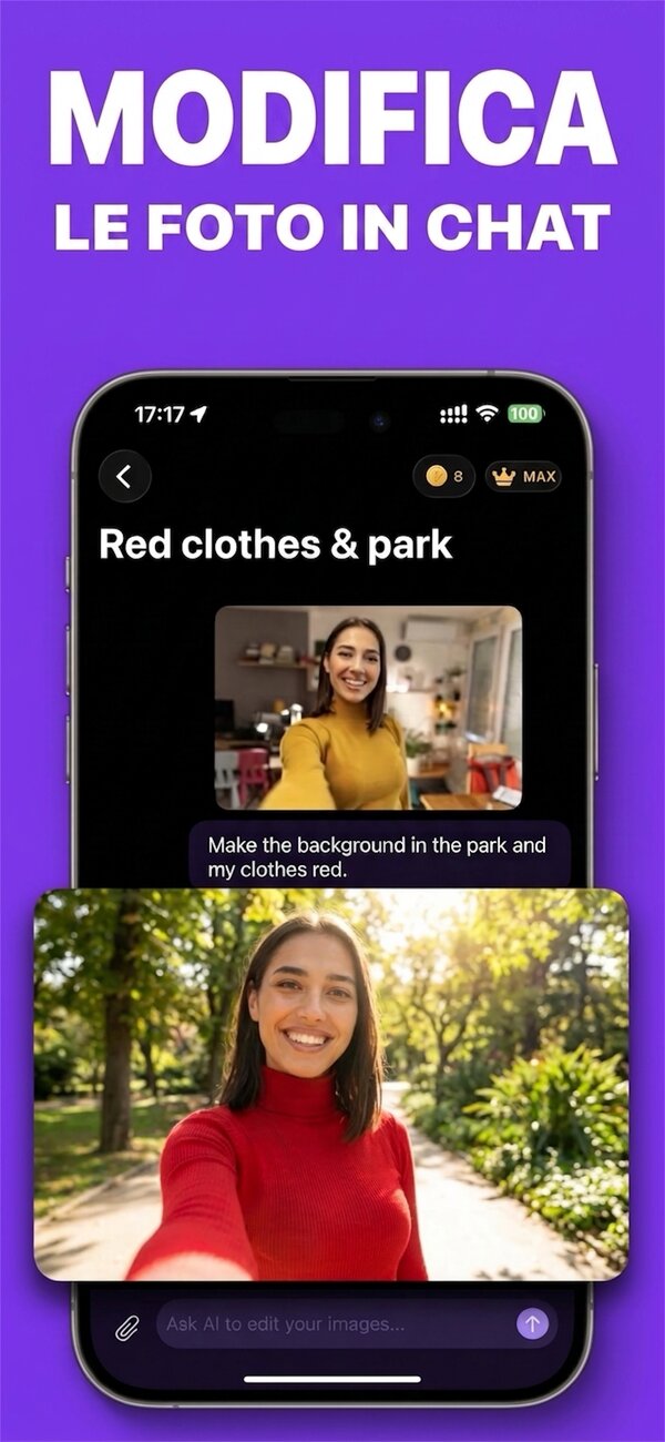 PictorAI su iPhone: in chat si chiede di spostare la foto in un parco e di rendere rossi i vestiti, e torna la foto modificata