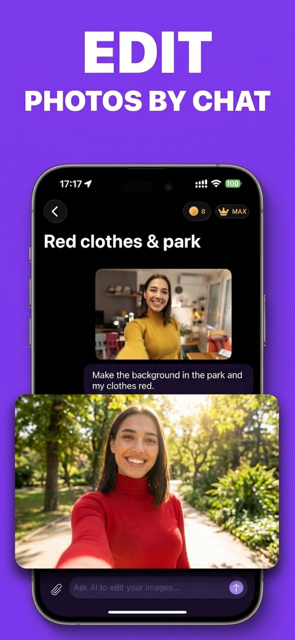 PictorAI on iPhone: a chat asks to move the photo to a park and make the clothes red, and the edited photo comes back