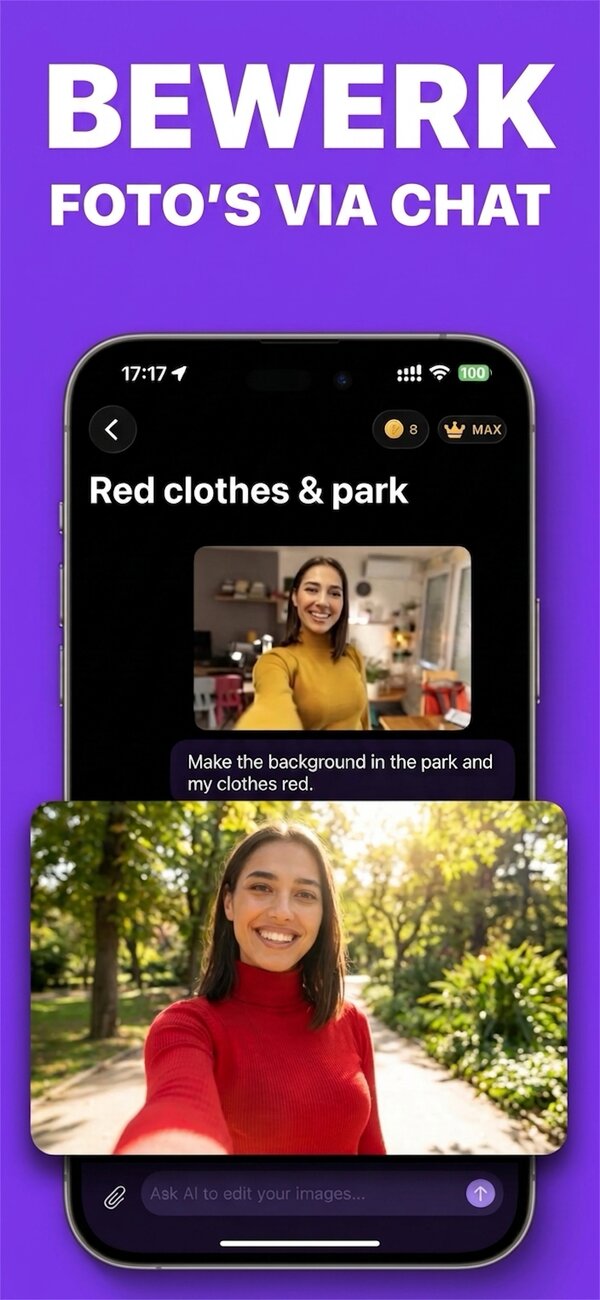 PictorAI op iPhone: in een chat wordt gevraagd de foto naar een park te verplaatsen en de kleren rood te maken, en de bewerkte foto komt terug