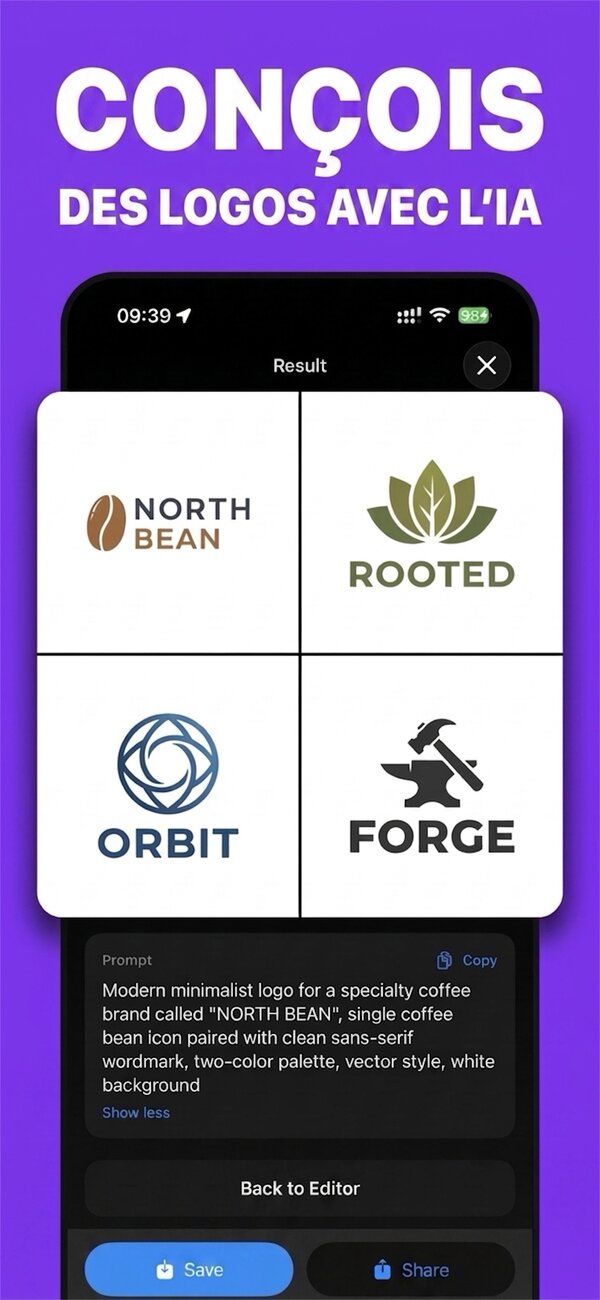 Écran PictorAI : quatre concepts de logos pour des marques de café, de plantes, de tech et de forge, générés à partir d'un seul texte