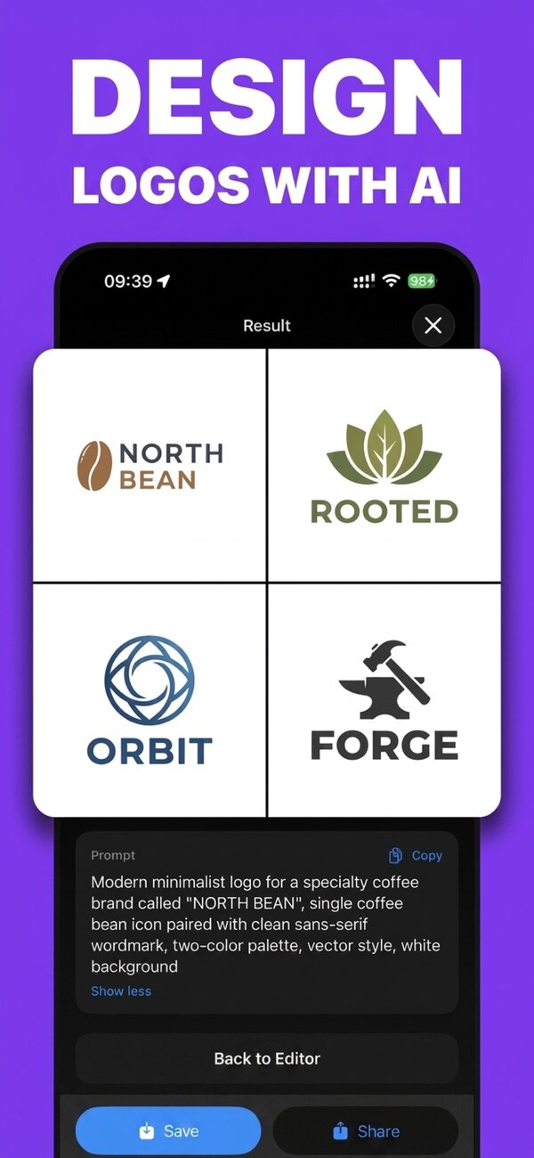 PictorAI screen: four logo concepts for coffee, plant, tech and forge brands generated from one prompt