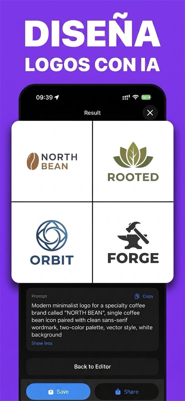 Pantalla de PictorAI: cuatro conceptos de logotipo para marcas de café, plantas, tecnología y forja, generados con un solo texto