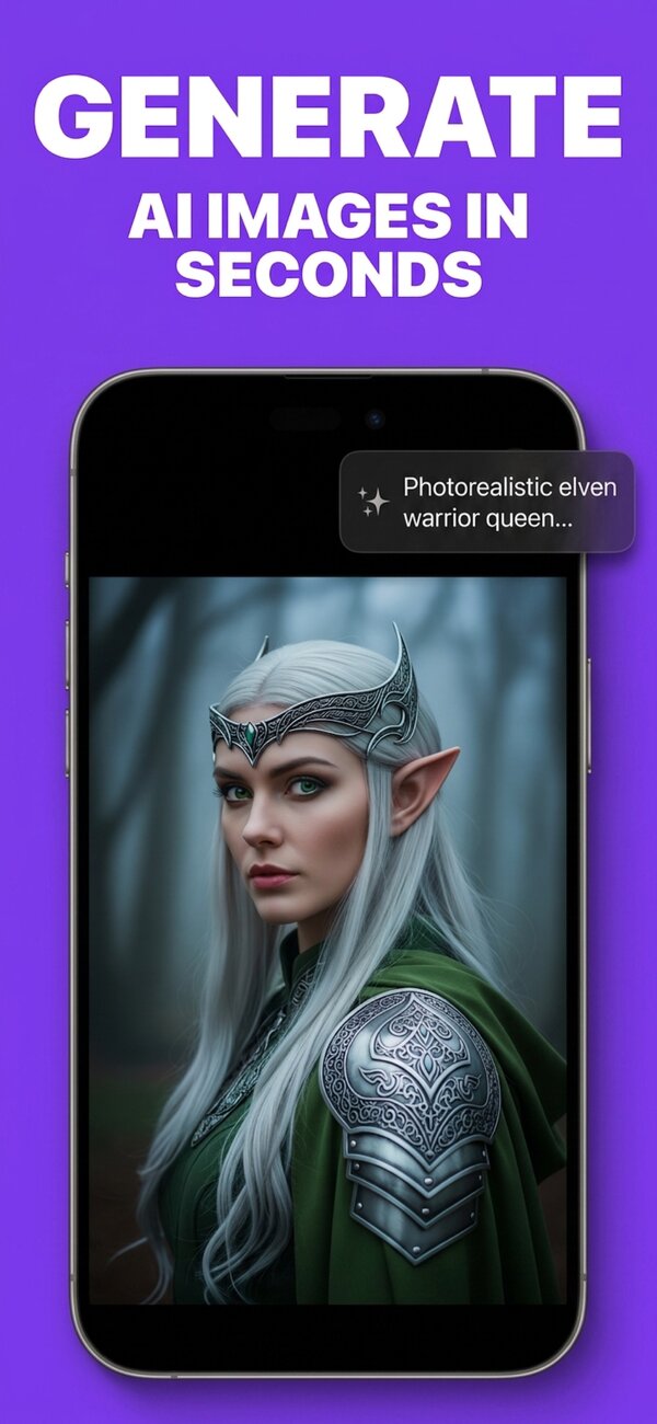 PictorAI screen: a photorealistic elven warrior queen generated from a one-line prompt