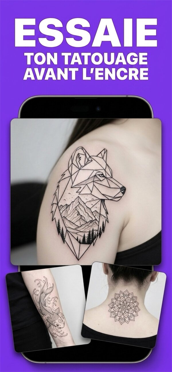 Écran PictorAI : tatouage de loup géométrique en aperçu sur une épaule, d'autres motifs sur un bras et un cou