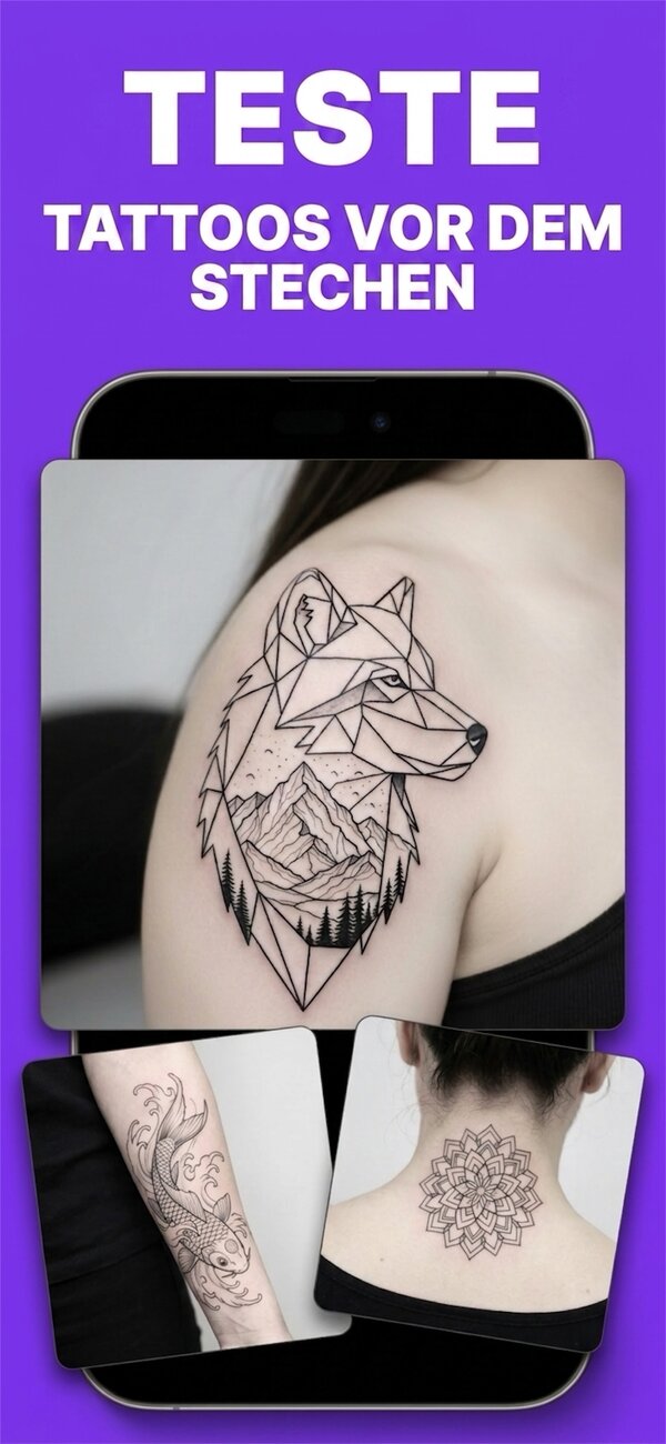 PictorAI-Screen: Geometrisches Wolf-Tattoo als Vorschau auf einer Schulter, weitere Motive auf Arm und Hals
