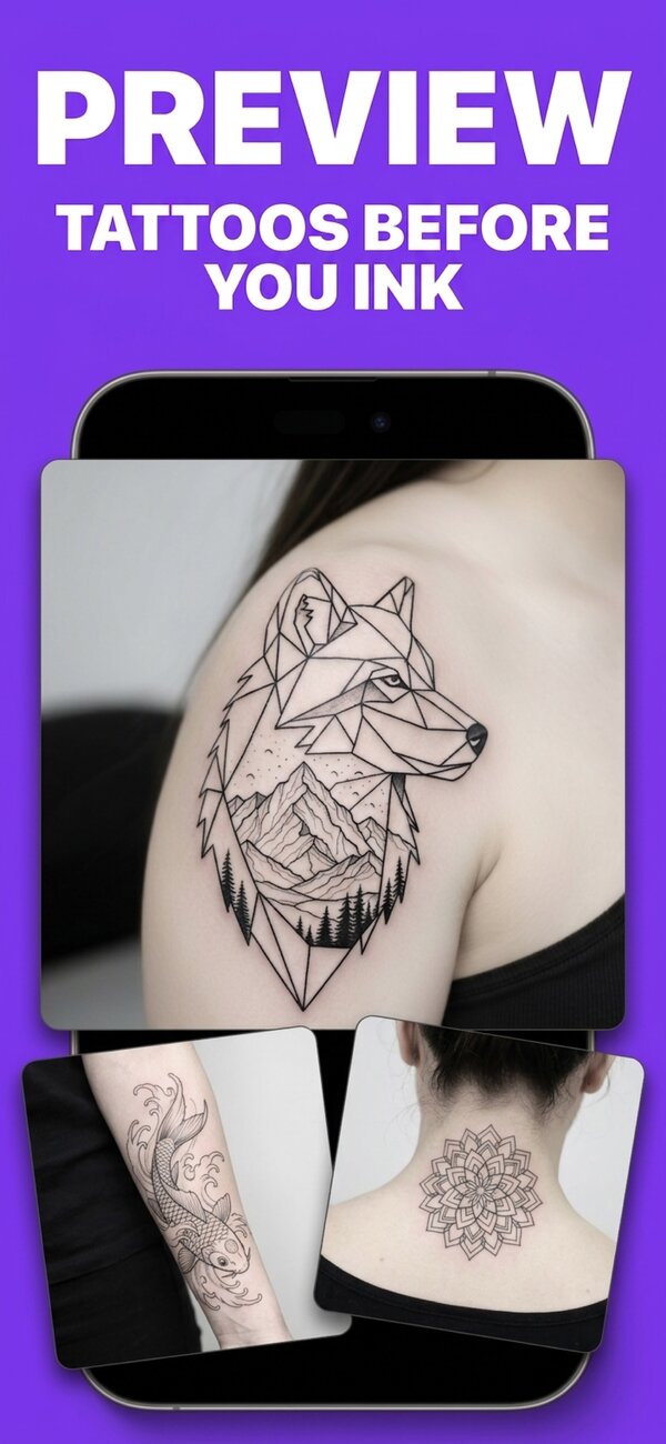PictorAI screen: geometric wolf tattoo previewed on a shoulder, with more designs on an arm and neck
