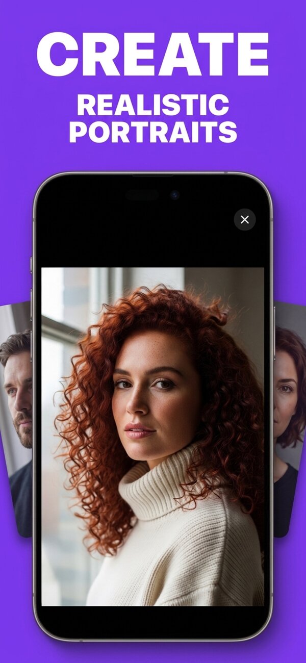 PictorAI screen: realistic portrait of a woman with red curly hair in a white sweater by a window