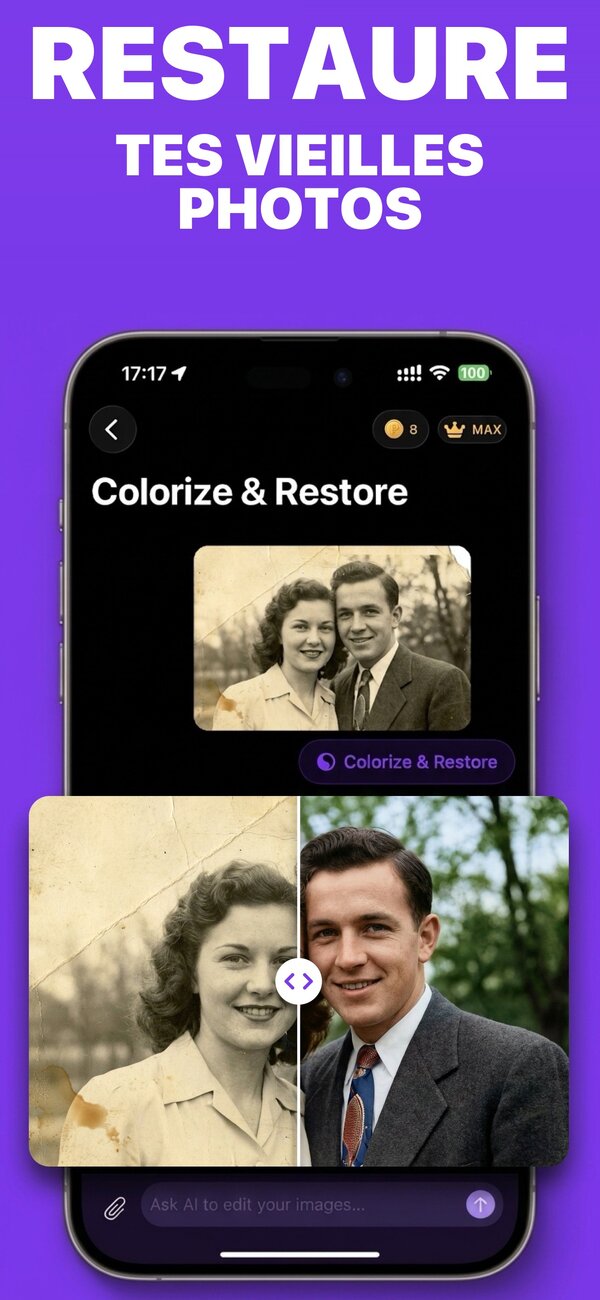 Écran PictorAI : une vieille photo sépia déchirée d'un couple restaurée en couleurs avec l'action Coloriser et restaurer, présentée en mode avant/après