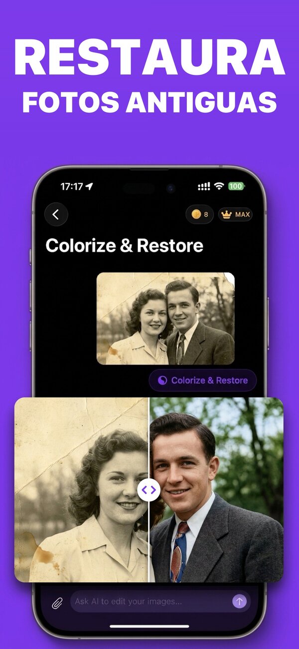 Pantalla de PictorAI: una foto antigua, rota y en sepia de una pareja restaurada a todo color con la acción Colorear y restaurar, mostrada como una división de antes y después