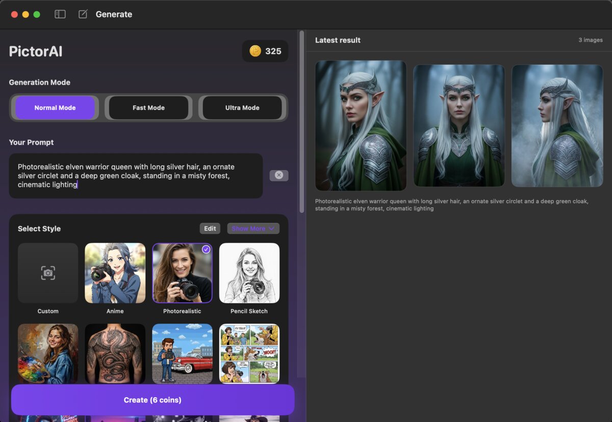 PictorAI on macOS: the Generate window, with the prompt, the mode switch and the style picker on the left and the finished images in the result pane on the right