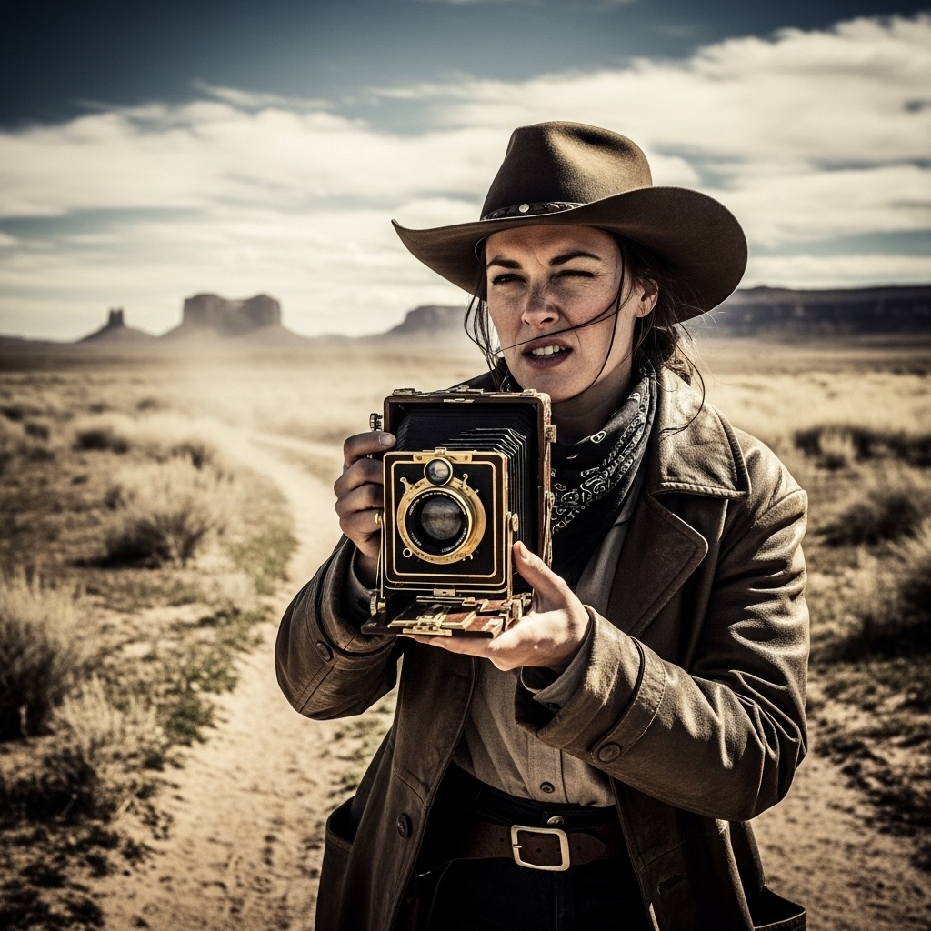 Western style preset: sun-bleached frontier scene with film grain